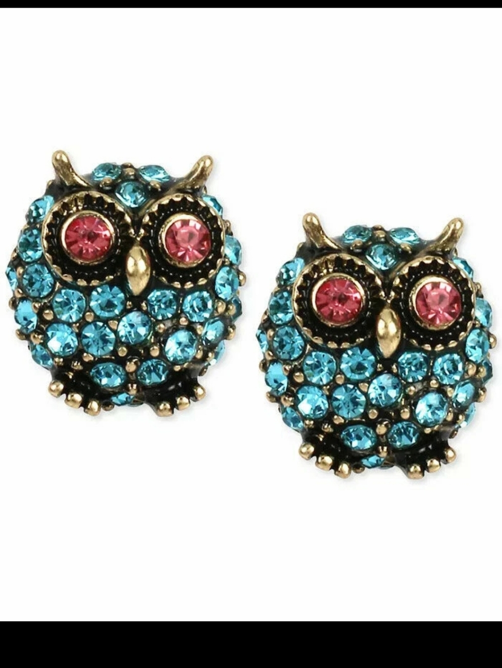 BETSEY JOHNSON Gold-Tone Blue Pave Stone Owl Studs NEW